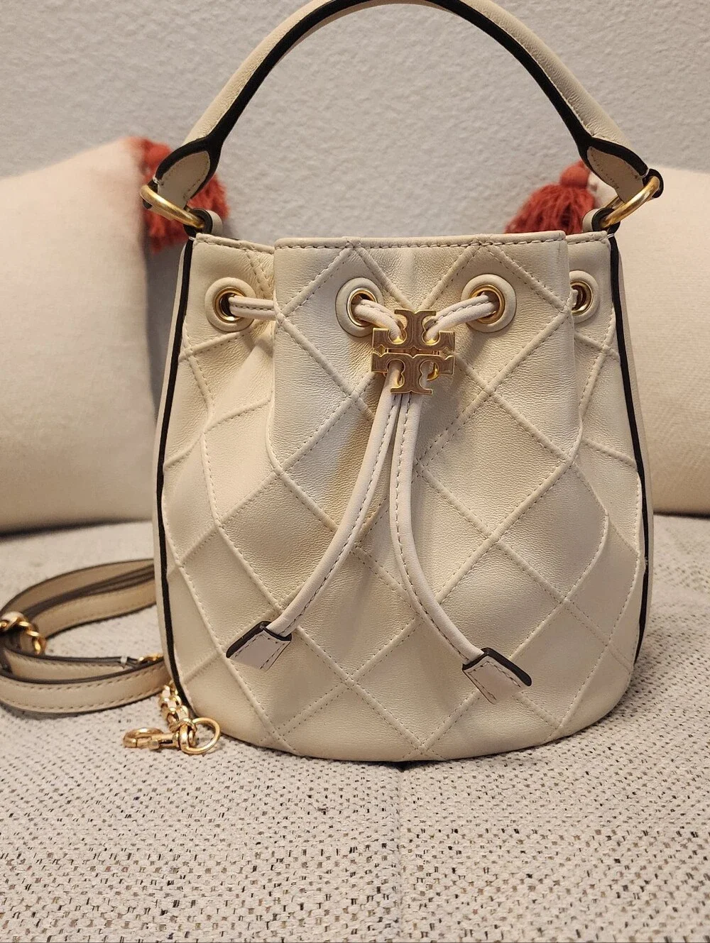Tory Burch Cream Quilted Drawstring Bucket Bag